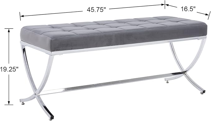 HEAH-YO Modern Dining Bench for Table, Button Tufted Ottoman Bench with Metal Legs, Upholstered Velvet Fabric Footstool for Living Room Entryway, Grey