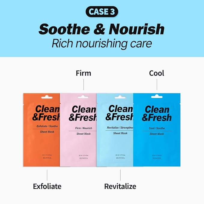 EUNYUL Clean & Fresh Sheet Mask Set, Pack of 10, 0.74 fl oz Each, Korean Facial Sheet Masks Variety Pack for Daily Skincare