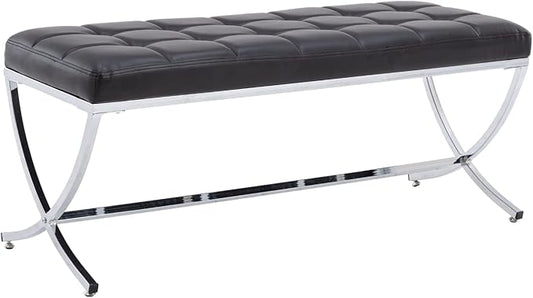 HEAH-YO Modern Dining Bench for Table, Button Tufted Ottoman Bench with Metal Legs, Upholstered PU Faux Leather Footstool for Living Room Entryway, Black