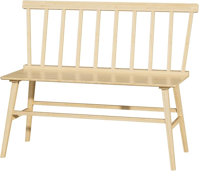 Dining Bench for Kitchen & Dining Room – Bamboo Wood Bench with Spindle Back & Armrests, Farmhouse Entryway Bench, Indoor Bedroom Bench, Versatile Entry Bench & Outdoor Bench Seating（Natural）