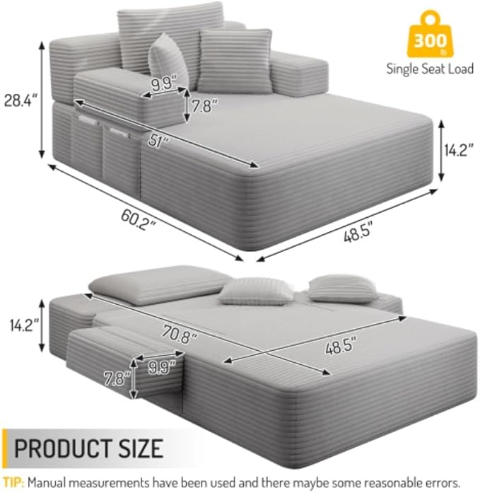 Oversized Boneless Chaise Sofa Bed, Corduroy Chaise Lounge Chair Indoor with Storage Pockets, Upholstered Cloud Sleeper Chair Bed for Small Space, Living Room, Bedroom, Apartment, Light Grey