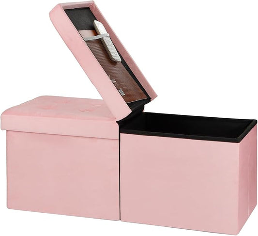Bsketa Storage Ottoman Bench with Folding Lid Ⅲ, Foot Stools Opens on Both Ends, Footrest Foldable Velvet Chest for Living Room, Bedroom, Entryway, End of Bed Storage Blanket Ottomans Pink