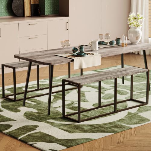 VINGLI Set of 2 Industrial Dining Benches, Gray Kitchen Table Benches w/Heavy Metal Frame, Non-Slip Foot Pads, Backless Dining Table Seating Benches for Entryway, Living Room & Small Spaces