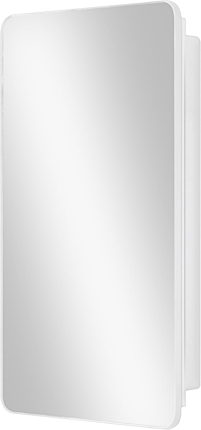 Fundin White Plastic Medicine Cabinet, Mirror Door with Round Corner Metal Frame, Recessed and Surface Mount Bathroom Wall Medicine Cabinet, 16 x 28 inch Mirror Size