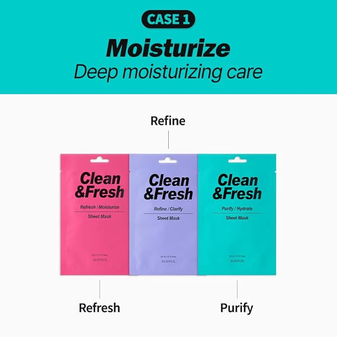 EUNYUL Clean & Fresh Sheet Mask Set, Pack of 10, 0.74 fl oz Each, Korean Facial Sheet Masks Variety Pack for Daily Skincare