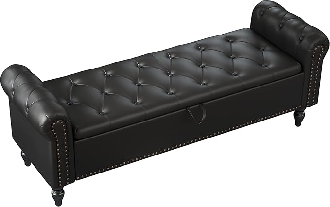 Furniliving 63” End of Bed Bench, Bedroom Bench with Button-Tufted, Upholstered King Storage Ottoman Benches Queen Entryway Bench with Storage Shoe Cabinet Bench, for Bedroom, Black