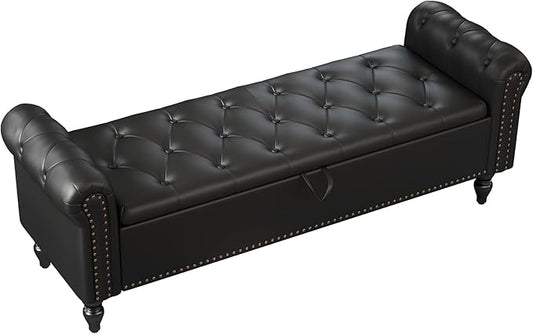 Furniliving 63” End of Bed Bench, Bedroom Bench with Button-Tufted, Upholstered King Storage Ottoman Benches Queen Entryway Bench with Storage Shoe Cabinet Bench, for Bedroom, Black