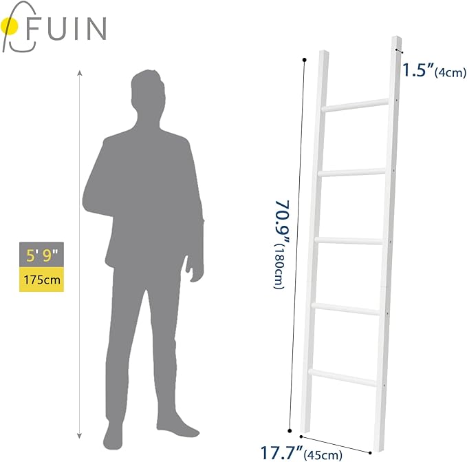 FUIN 6ft Wooden White Blanket Ladder Living Room Decorative Wall Leaning Farmhouse Quilt Display Holder Rustic Wood Towel Rack for Bathroom