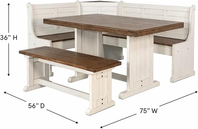 Pemberly Row Dining Set Wood, Rectangular in Off White (36" H x 75" W x 56" D) for Kitchen, Dining Room with Table, Reversable Benches, and Storage Space