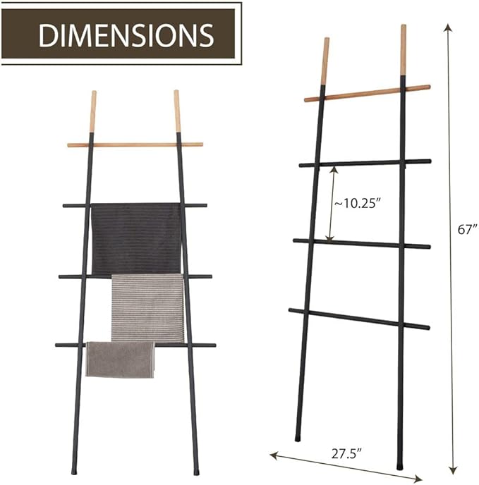Freestanding Towel Ladder Rack, Space Saving, No-Scratch Wood, for Household Use (Black)