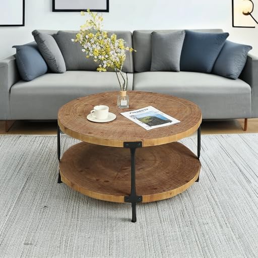Awescuti Round Boho Wood Coffee Table - 29.1" Farmhouse Natural Circle Wooden 2-Tier Coffee Tables Living Room Furniture, 29.1" D x 18.3" H, Natural Wood Color