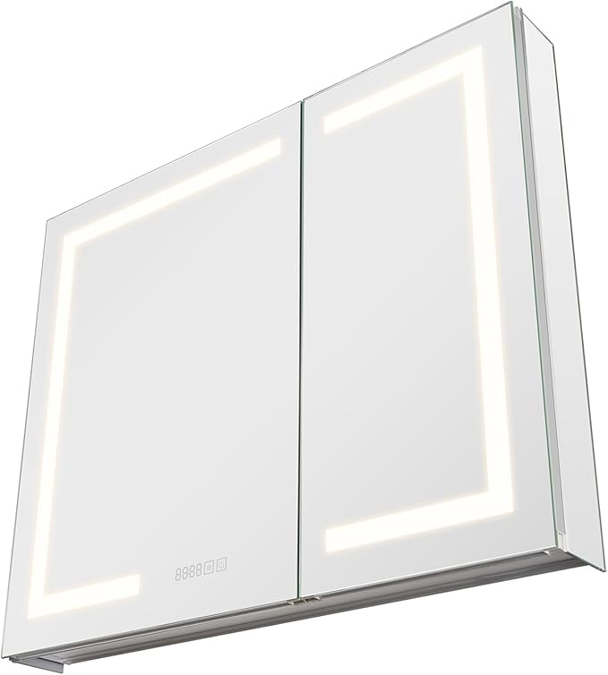 VEVOR Lighted Medicine Cabinet with Mirror, 36 x 30 in Recessed or Wall Mount, 3 Color Dimmable LED Bathroom Medicine Cabinet with HD Mirror, Clock, Adjustable Shelve Storage, Memory Defog Function