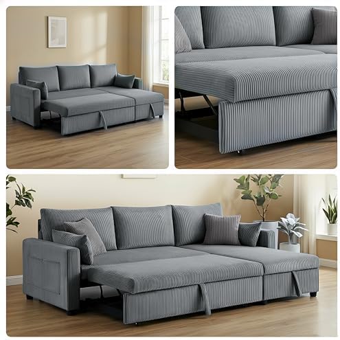 Sectional Sleeper Sofa with Pull Out Bed, L Shape Convertible Sofa Bed Couch with Storage Chaise, 3 in 1 Pull Out Sofa Bed with 3 Seats for Living Room,Apartment, Gray, 85Inch