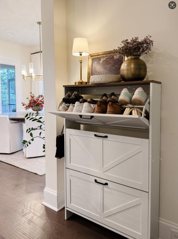 Nicetree Shaker Barn Door Shoe Cabinet, 3 Flip Drawers & 3Tier Adjustable Shelves, Ultra Slim Freestanding, Modern Rustic Brushed White Farmhouse Shoe Rack for Entryway, Hallway, Foyer & Mudroom White