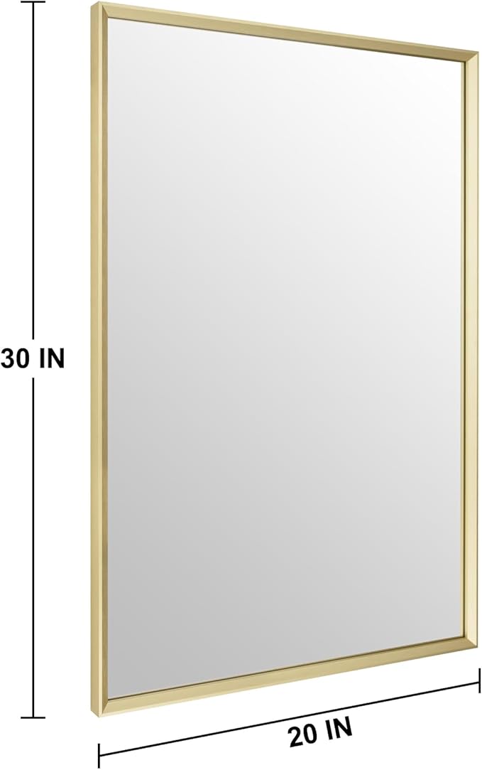 Bathroom Mirror for Wall, 20x30 Inch Metal Framed Mirror, Brushed Gold Rectangle Mirror, Bathroom Vanity Mirror Farmhouse, Tempered Glass, Anti-Rust, Hangs Horizontally or Vertically