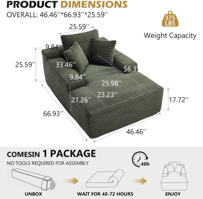 Oversized Boneless Chaise Sofa Bed, Corduroy Chaise Lounge Chair Indoor with Storage Pockets, Upholstered Cloud Sleeper Chair Bed for Small Space, Living Room, Bedroom, Apartment,Green