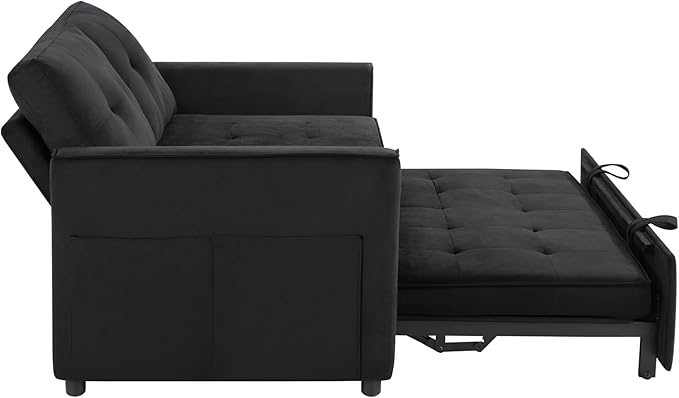 Sofa Bed, Pull Out Couch with Side Pockets, 3 in 1 Velvet Fabric Loveseat Sleeper Sofa Bed, Pull Out Couch with Adjustable Backrest for Living Room, Bedroom, Apartment, Black, 53 Inch