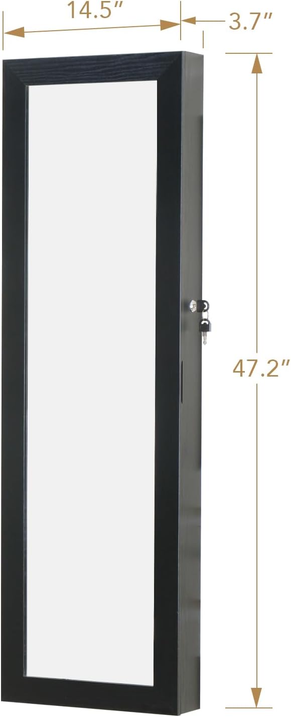 8 LED Lights Jewelry Armoire with Mirror - 47.3” H Mirror Jewelry Cabinet Door Hanging/Wall Mounted Mirror with Storage And 2 Drawers Black