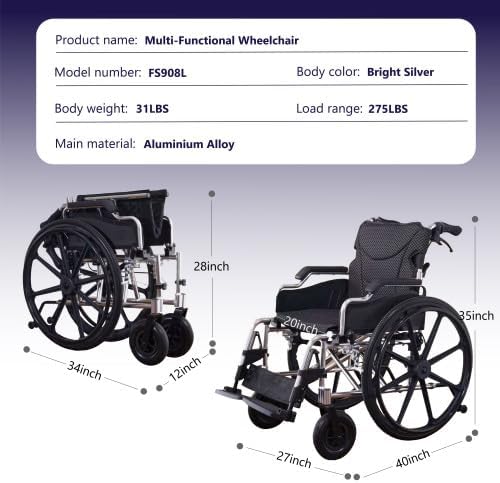 Lightweight Aluminum Alloy Transport Wheelchair for Adults - 20" Wide Seat with Front/Rear Locking Brakes, 24" Quick-Release Wheels, Foldable Design, 350 lbs Capacity (Bright Silver)