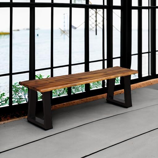 Giantex 57.5" Live Edge Acacia Wood Bnech, 3-Person Backless Outdoor Dining Bench with Metal Legs & Adjustable Foot Pads for Entryway, Balcony, Porch, Backyard, Garden and Poolside (1 Pack)