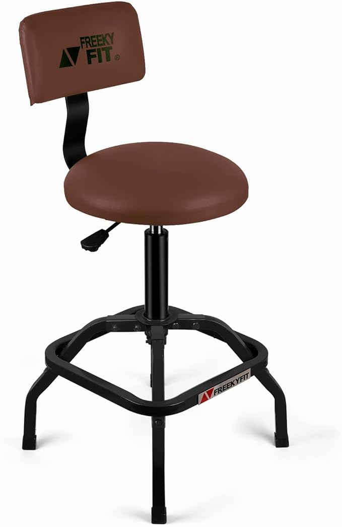 Shop Stool with Backrest, Mechanic Garage Stool for Workshop, Adjustable Shop Stools Chair, Padded Workbench Stools for Men Women, 300 LBS Capacity, 360° Swivel PVC Seat, Heavy Duty, Brown