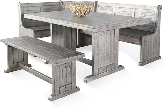 Pemberly Row 4-Pieces Dining Set Wood, Rectangular in Alpine Gray (36" H x 75" W x 56" D) for Kitchen, Dining Room with Table, Reversable Benches, and Storage Space