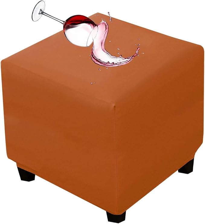 Waterproof Ottoman Cover Square Stretch PU Soft Folding Storage Ottoman Cover with Elastic Bottom Cube Footrest Foot Stool Slipcovers Machine Washable(Medium/Orange)