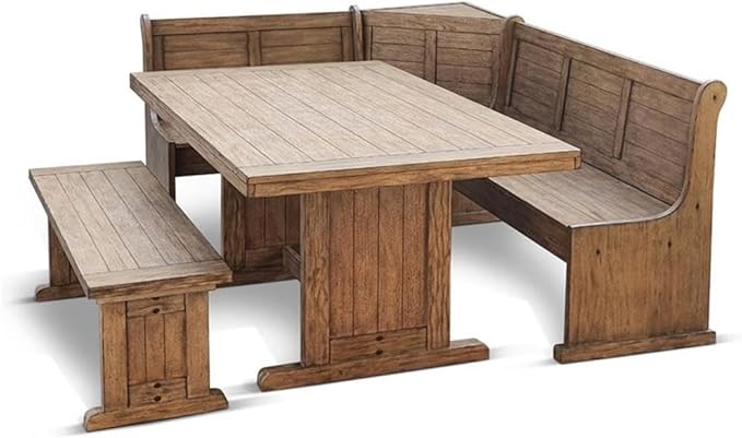 Pemberly Row 75" x 56" Farmhouse Wood Breakfast Nook Set with Table, Lift Seats, Hidden Storage, Reversible Benches, for Small Spaces, in Buckskin/Taupe Brown Finish