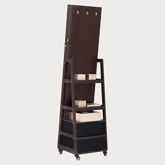 Rotating Standing Jewelry Cabinet with Lockable,Full Length Mirror with Storage Large Capacity Jewelry Organizer Armoire Floor Mirror with Back Storage Shelves for Bedroom Brown
