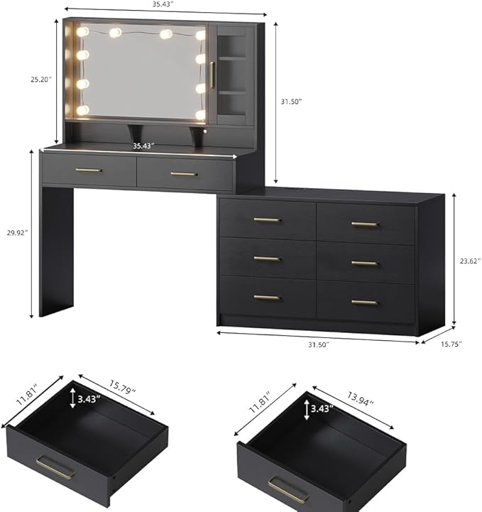 Makeup Desk with Drawers & Cabinet & Dresser, Black Vanity Table with Drawer Dresser, Large Vanity Table with 8 Drawers, Vanity Desk with Large Mirror and 3-Color Lights for Girls, Dressing Table 59"