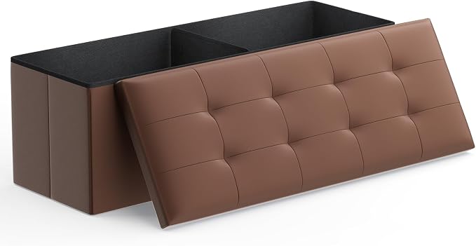 Magshion Folding Storage Ottoman Bench, 15 x 43 x 14.5 Inches PU Leather Ottoman Foot Rest, End of Bed Bench, 130L Storage Chest for Bedroom, Living Room, Entryway, Hallway, Brown