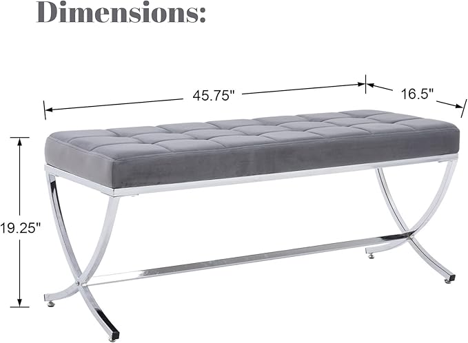 LukeAlon Modern Velvet Dining Bench, Button Tufted Ottoman Bench with X-Shape Chrome Finish Upholstered End of Bed Bench Comfy Entryway Bench for Bedroom Kitchen, Grey
