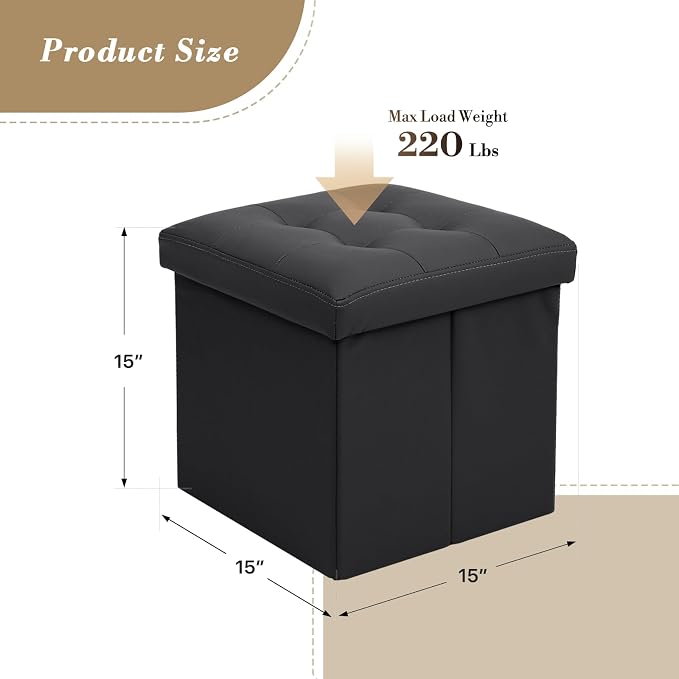Athena Collection Leather Square Ottoman with Storage, 15 Inch Small Storage Ottoman, Multipurpose Footstool Foot Rest for Living Room, Bedroom, Dorm, Black