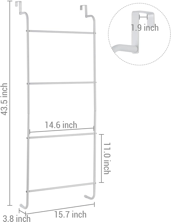 MyGift 4 Tier Over The Door Towel Rack, Bathroom Towel Holder Ladder, Space Saving Over Shower Door Drying Rack for Towels & Blankets, White Metal