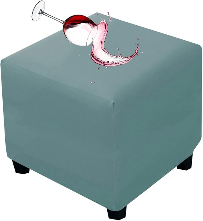 Waterproof Ottoman Cover Square Stretch PU Soft Folding Storage Ottoman Cover with Elastic Bottom Cube Footrest Foot Stool Slipcovers Machine Washable(Large/Light Blue)