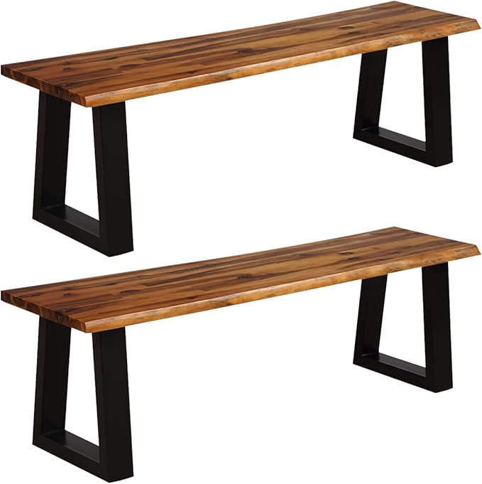Giantex 57.5" Live Edge Acacia Wood Bnech, 3-Person Backless Outdoor Dining Bench with Metal Legs & Adjustable Foot Pads for Entryway, Balcony, Porch, Backyard, Garden and Poolside (2 Pack)