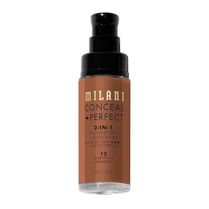 Milani Conceal + Perfect 2-in-1ファンデーション + コンシーラー 完璧な肌へ - 目の下のクマ補正、赤みや欠点をカバー、ウォータープルーフ＆汗に強い - 13-チェストナッツ