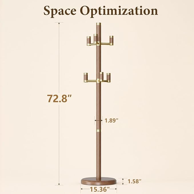 Solid Wood Freestanding Coat Rack with 6 Gold Metal Hooks, Heavy-Duty Freestanding Coat Stand for Coats, Hats, and Bags, Coat Racks for Bedroom, Entryway, and Living Room (Walnut)