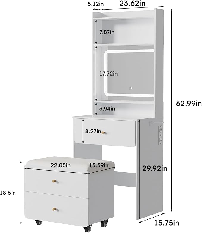 Vabches Make Up Vanity Desk with Mirror and Lights, White Vanity Table Set with Charger Station,Girls Small Vanity and Storage Chair