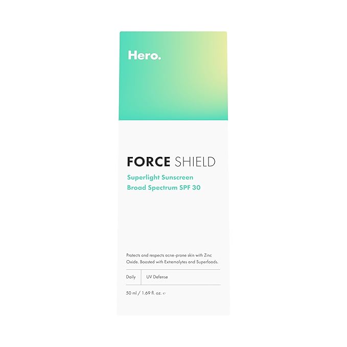 Hero Cosmetics Force Shield Superlight Sunscreen SPF 30 - Lightweight Sunscreen for Face & Acne-Prone Skin with Zinc Oxide - Fragrance Free 50 ml