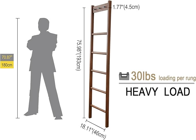Wooden Blanket Ladder - Natural & Motley Wood - Leaning Wall Decor for Bedroom, Bathroom, Living Room - Rustic Quilt Holder & Towel Rack (Walnut Color + Hook, 76in（5-Tier）)