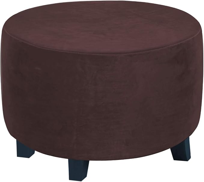 H.VERSAILTEX Round Ottoman Slipcover Ottoman Covers Slipcover Footstool Protector Covers Storage Stool Ottoman Covers Stretch with Elastic Bottom, Feature Real Velvet Plush Fabric (Medium, Brown)