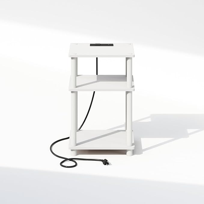 Furinno JUST Night Stand, 3-Tier Turn-N-Tube Nightstand with Charging Station, Bedside Table, End Table, Side Table with USB and Type-C Port, for Bedroom, Closet, Dorm, White