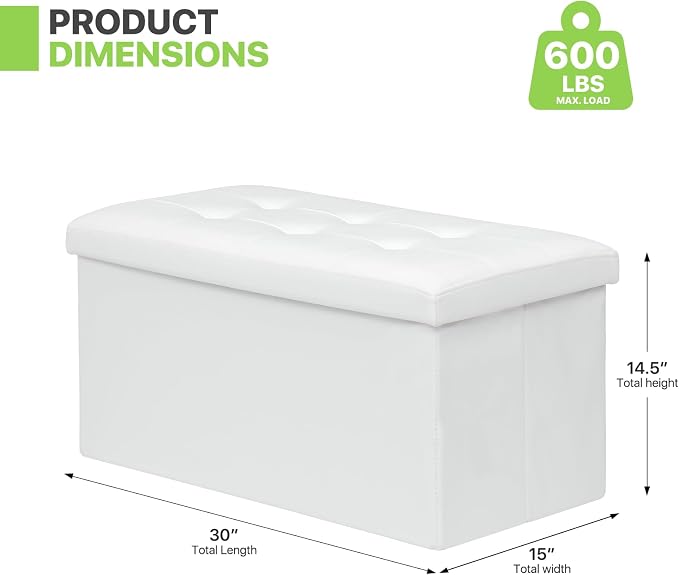 Magshion Folding Storage Ottoman Bench, 15 x 30 x 14.5 Inches PU Leather Ottoman Foot Rest, End of Bed Bench, 90L Storage Chest for Bedroom, Living Room, Entryway, Hallway, White