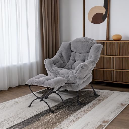 Welnow Lazy Chair with Ottoman, Modern Accent Chair with Armrests and a Side Pocket, Leisure Sofa Armchair, Reading Armchair with Footrest for Small Space, Plush Grey