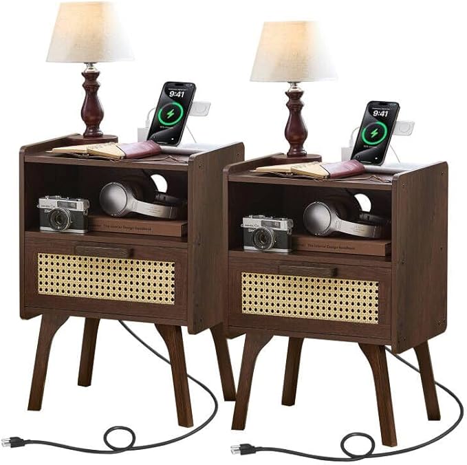 Lerliuo Rattan Nightstand with Charging Station, Walnut Bedside Table with Drawer Open Shelf, Cane Accent Side End Table with Solid Wood Legs, Night Stand for Bedroom, Dorm and Small Spaces