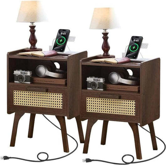 Lerliuo Rattan Nightstand with Charging Station, Walnut Bedside Table with Drawer Open Shelf, Cane Accent Side End Table with Solid Wood Legs, Night Stand for Bedroom, Dorm and Small Spaces