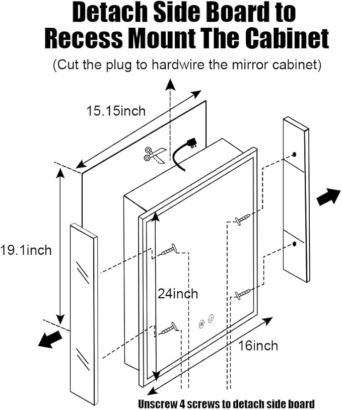 LED Medicine Cabinet with Light,16×24inch,Recess Mirror Cabinet for Bathroom,3 Color,Dimmable,Demister,Detachable Side Plate,Recess Mount or Surface Mount