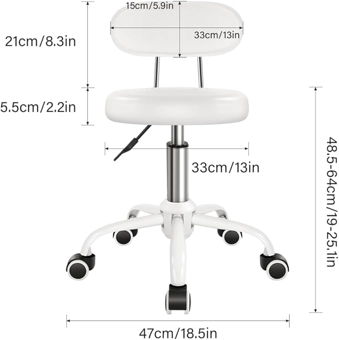 WKWKER Rolling Stool with Wheels Swivel Stool with Back Height Adjustable Chair PU Leather Rolling Chair Ideal for SPA Salon Home Office Drafting Work (White)