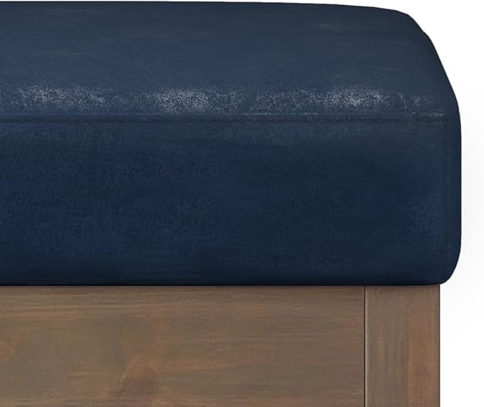 SIMPLIHOME Milltown Small Ottoman Bench - 27" Wide x 18" High Upholstered Vegan Leather Rectangle Footstool Ottoman in Distressed Dark Blue, Contemporary Bench with Cushioned Seat, Assembled